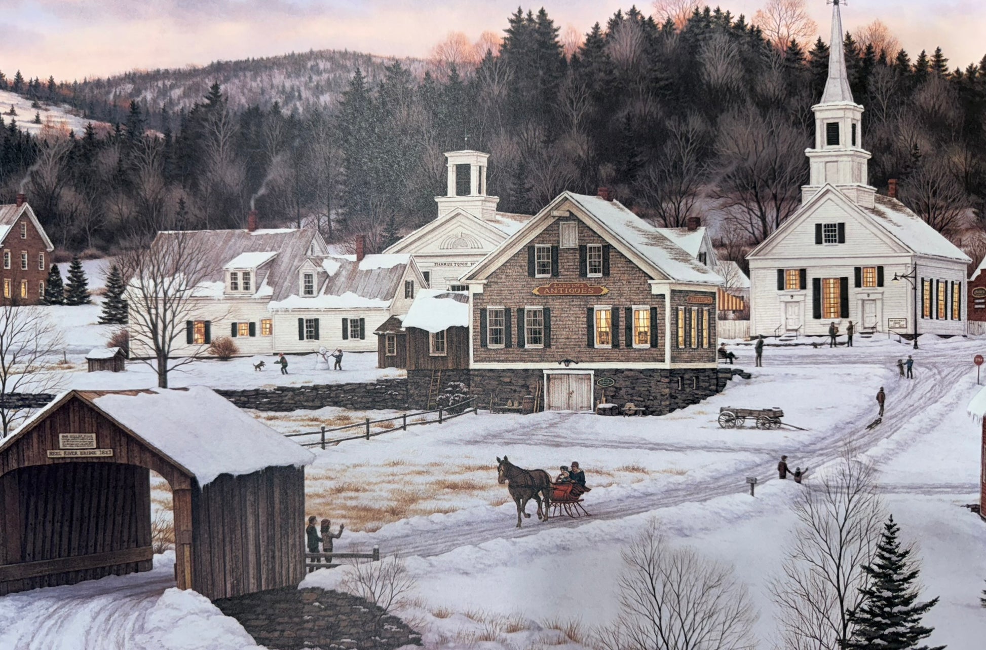 Winter scene of a small town with a church, covered bridge, and people on a snowy street.