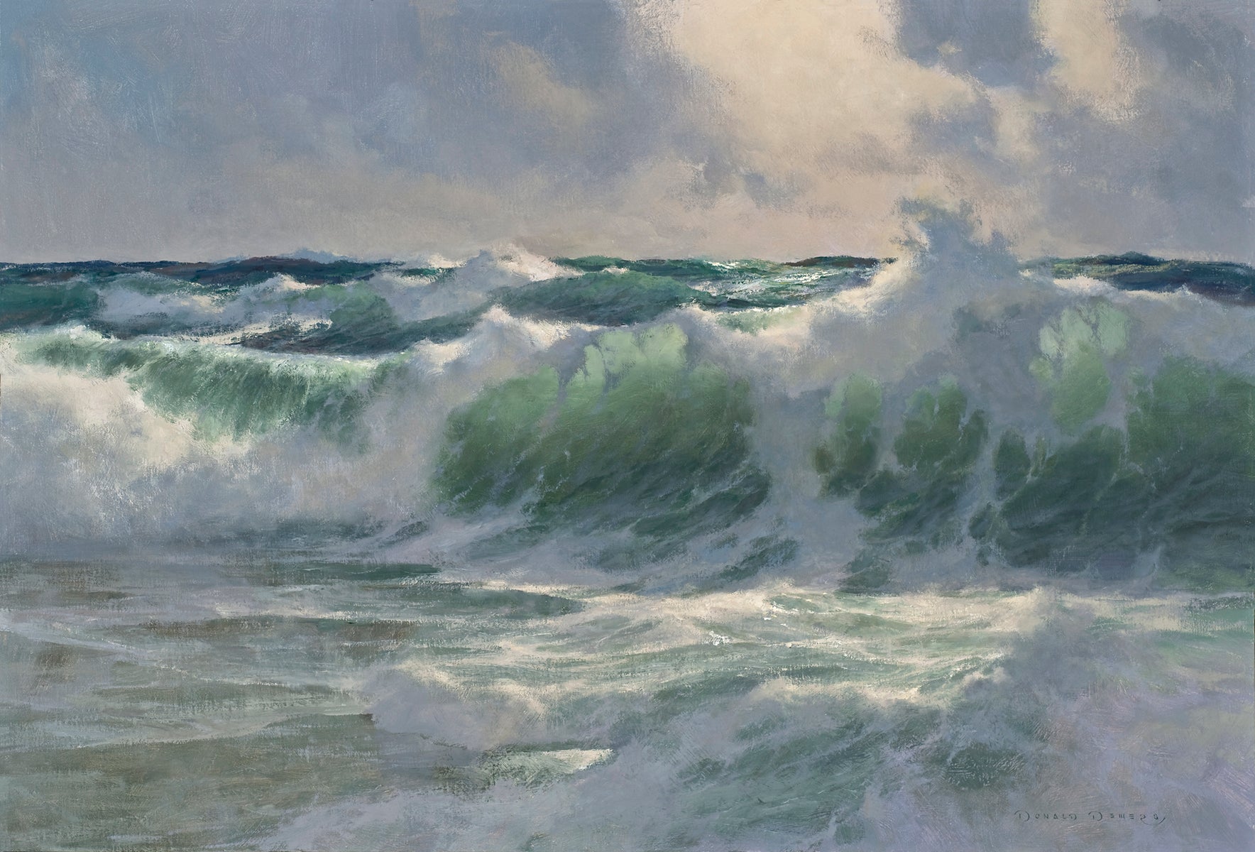 Oil painting of turbulent ocean waves with a dramatic sky.