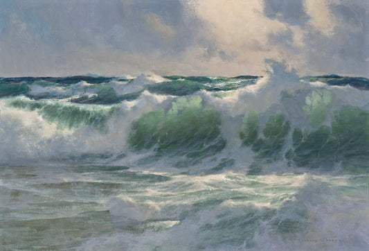 Oil painting of turbulent ocean waves with a dramatic sky.